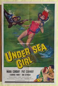 2m926 UNDERSEA GIRL 1sh '57 cool artwork of sexy deep sea scuba diver in peril!