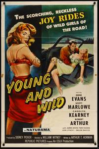 2m992 YOUNG & WILD 1sh '58 artwork of the reckless joy rides of wild girls of the road!