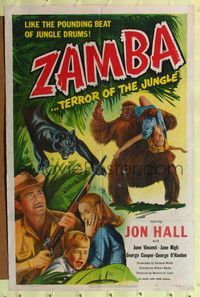 2m996 ZAMBA 1sh '49 Jon Hall & June Vincent, wild image of ape carrying woman!