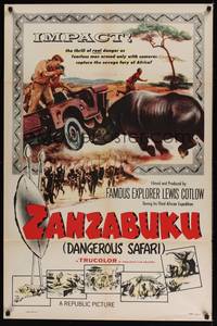 2m997 ZANZABUKU 1sh '56 Dangerous Safari in savage Africa, art of rhino ramming jeep!