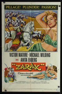 2m998 ZARAK 1sh '56 art of sexiest barely dressed Anita Ekberg, Victor Mature on horse!