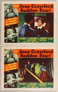 2p623 SUDDEN FEAR 7 LCs '52 great close up of terrified Joan Crawford, Jack Palance!