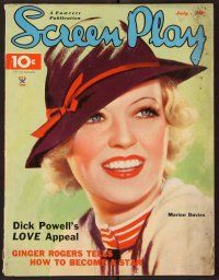 2r091 SCREEN PLAY magazine July 1935 art of Marion Davies in cool hat smiling really big!