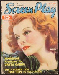 2r094 SCREEN PLAY magazine November 1935 incredible artwork of Katharine Hepburn!