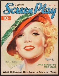 2r093 SCREEN PLAY magazine October 1935 great artwork of Marlene Dietrich wearing cool hat!