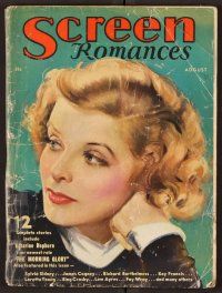 2r081 SCREEN ROMANCES magazine August 1933 art of Katharine Hepburn in Morning Glory!