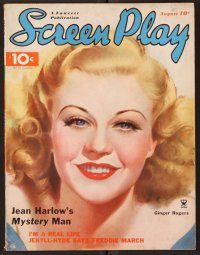 2r092 SCREEN PLAY magazine August 1935 wonderful art of beautiful Ginger Rogers!