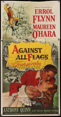 2s312 AGAINST ALL FLAGS 3sh '52 different image of pirate Errol Flynn romantic Maureen O'Hara!