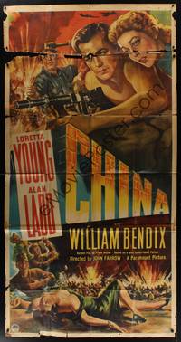 2s357 CHINA 3sh '43 completely different art of Alan Ladd with machine gun & Loretta Young!