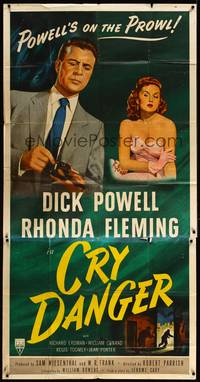 2s367 CRY DANGER 3sh '51 great film noir art of Dick Powell & sexy Rhonda Fleming!