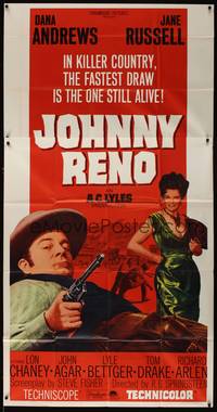 2s442 JOHNNY RENO 3sh '66 Dana Andrews, Jane Russell, wherever there's action, there's Johnny Reno!