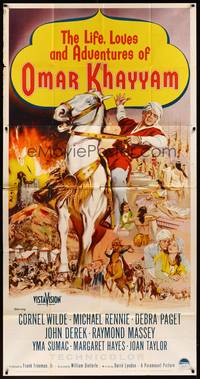 2s456 LIFE, LOVES AND ADVENTURES OF OMAR KHAYYAM 3sh '57 artwork of Cornel Wilde on horseback!