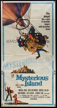 2s497 MYSTERIOUS ISLAND 3sh '61 Ray Harryhausen, Jules Verne sci-fi, cool hot-air balloon art!