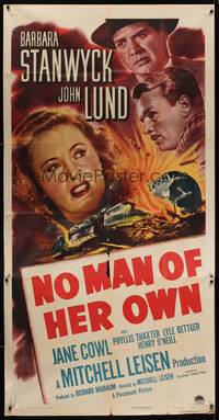 2s507 NO MAN OF HER OWN 3sh '50 Barbara Stanwyck, cool artwork of exploding train!