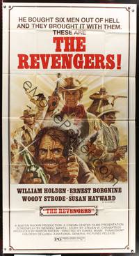 2s545 REVENGERS 3sh '72 cool art of cowboys William Holden, Ernest Borgnine & Woody Strode!