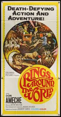 2s547 RINGS AROUND THE WORLD 3sh '66 Don Ameche, cool art of the greatest circus acts in the world!