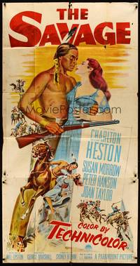 2s558 SAVAGE 3sh '52 art of Native American Charlton Heston holding pretty Susan Morrow!