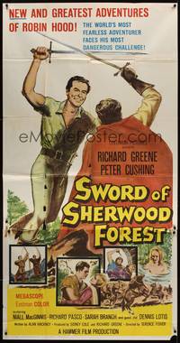 2s600 SWORD OF SHERWOOD FOREST 3sh '60 art of Richard Greene as Robin Hood fighting Peter Cushing!