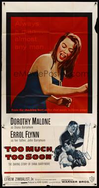 2s621 TOO MUCH, TOO SOON 3sh '58 Errol Flynn, sexy Dorothy Malone as Diana Barrymore!