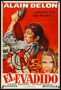 2s184 WIDOW COUDERC Argentinean '71 cool art of Alain Delon w/gun & on bloody newspaper cover!