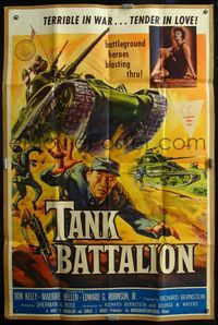 2t441 TANK BATTALION 40x60 '57 cool artwork of Korean War battleground heroes blasting thru!