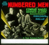 2v203 NUMBERED MEN glass slide '30 great image of prisoner Conrad Nagel & his fellow inmates!