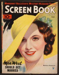2v123 SCREEN BOOK magazine September 1934, wonderful artwork of Barbara Stanwyck in cool hat!
