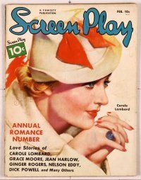 2v097 SCREEN PLAY magazine February 1936, wonderful artwork of Carole Lombard by Zoe Mozert!