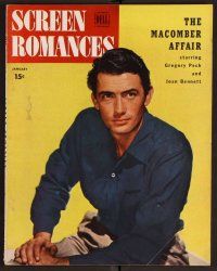 2v139 SCREEN ROMANCES magazine January 1947 portrait of Gregory Peck from The Macomber Affair!