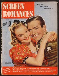 2v136 SCREEN ROMANCES magazine September 1942 art of John Payne & Sonja Henie by Earl Christy!