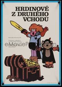 2w395 TEMERARII SCORE DE LA DOI Czech 11x16 '88 Mihai Marian, cartoon art of treasure, cat & boy!