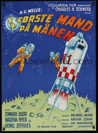 2w520 FIRST MEN IN THE MOON Danish '66 Ray Harryhausen, H.G. Wells, different sci-fi art!