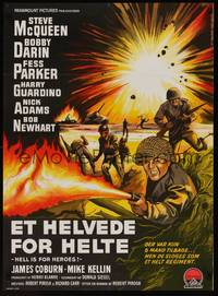 2w532 HELL IS FOR HEROES Danish '63 cool different WWII artwork by Wenzel!