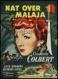 2w555 OUTPOST IN MALAYA Danish '52 close-up artwork of Claudette Colbert by Wenzel!