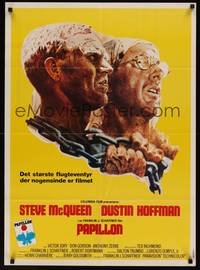2w558 PAPILLON Danish '74 great art of prisoners Steve McQueen & Dustin Hoffman by Tom Jung!