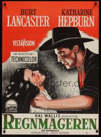 2w562 RAINMAKER Danish '59 romantic close up art of Burt Lancaster & Katharine Hepburn!