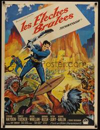 2w627 FLAMING FEATHER French 23x31 R60s great Roger Soubie art of Sterling Hayden vs. Indians!