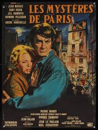 2w639 LES MYSTERES DE PARIS French 23x30 '62 cool art of Jean Marais & Dany Robin by Jean Mascii!
