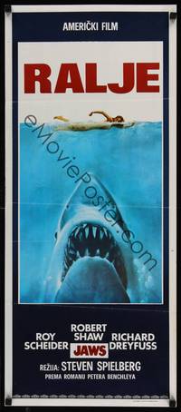 2w028 JAWS Yugoslavian 13x32 '75 Steven Spielberg's classic man-eating shark attacking sexy swimmer!