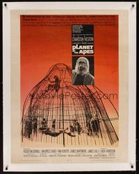 2z235 PLANET OF THE APES linen 30x40 '68 Maurice Evans, classic sci-fi, art of caged humans!
