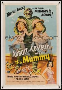 2z255 ABBOTT & COSTELLO MEET THE MUMMY linen 1sh '55 Bud & Lou are back in their mummy's arms!