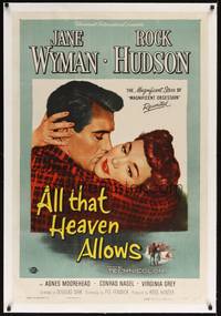 2z260 ALL THAT HEAVEN ALLOWS linen 1sh '55 close up romantic art of Rock Hudson & Jane Wyman!