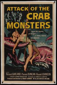 2z265 ATTACK OF THE CRAB MONSTERS linen 1sh '57 Roger Corman, art of sexy Pamela Duncan attacked!