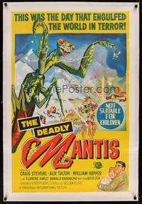 2z179 DEADLY MANTIS linen Aust 1sh '57 classic art of giant insect attacking Washington D.C.!