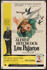 2z270 BIRDS linen Spanish/U.S. 1sh '63 Alfred Hitchcock shown + art of Tippi Hedren attacked by birds!