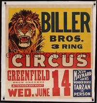 2z206 BILLER BROS 3 RING CIRCUS linen circus poster '50 Ken Maynard & Tarzan, cool lion art!