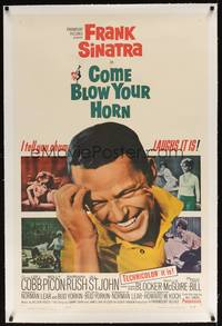 2z286 COME BLOW YOUR HORN linen 1sh '63 close up of laughing Frank Sinatra, from Neil Simon's play!