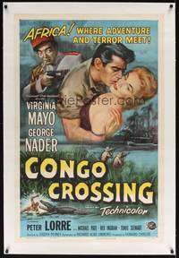 2z287 CONGO CROSSING linen 1sh '56 art of Peter Lorre pointing gun at Virginia Mayo & George Nader!