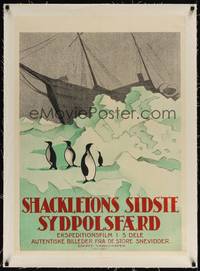 2z005 SOUTH linen Danish '20 great artwork of ship trapped in Antarctic ice with penguins!
