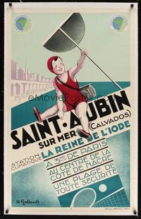 2z201 SAINT-AUBIN SUR MER linen French advertising poster '30s health resort, cool art by Galland!